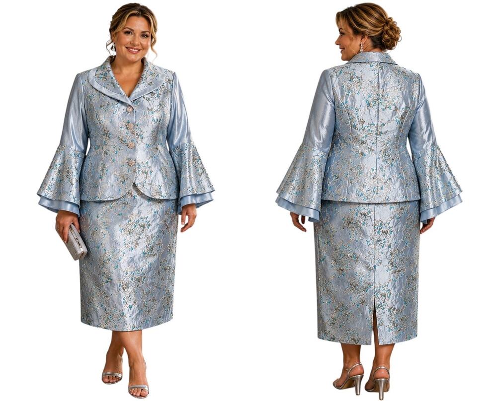 G.M.I. Brocade Skirt Suit, Blue Metallic Floral Jeweled Formal, Plus Size 18W